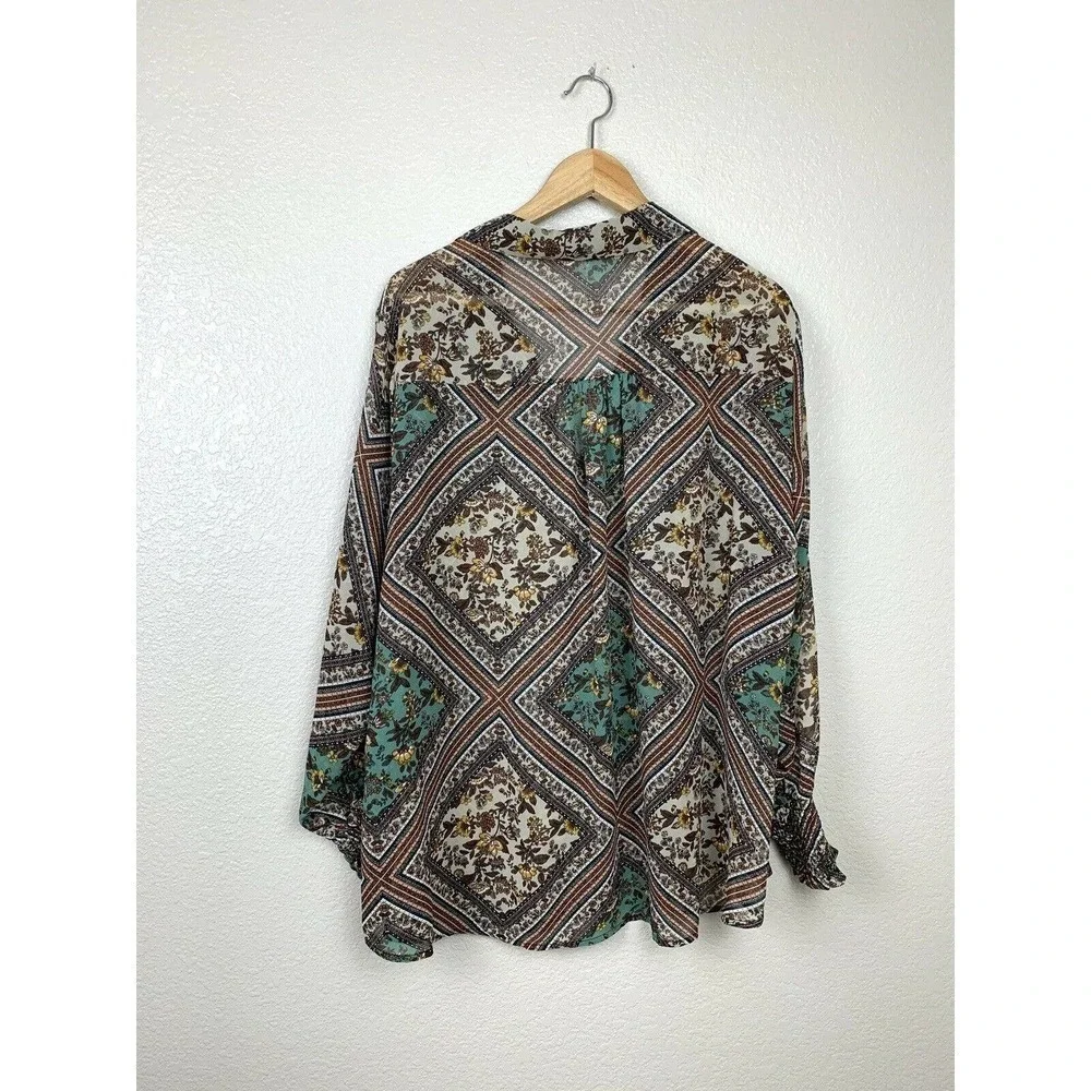 Pleione 1X Sheer Chiffon Blouse Mixed Print Floral Long Sleeves